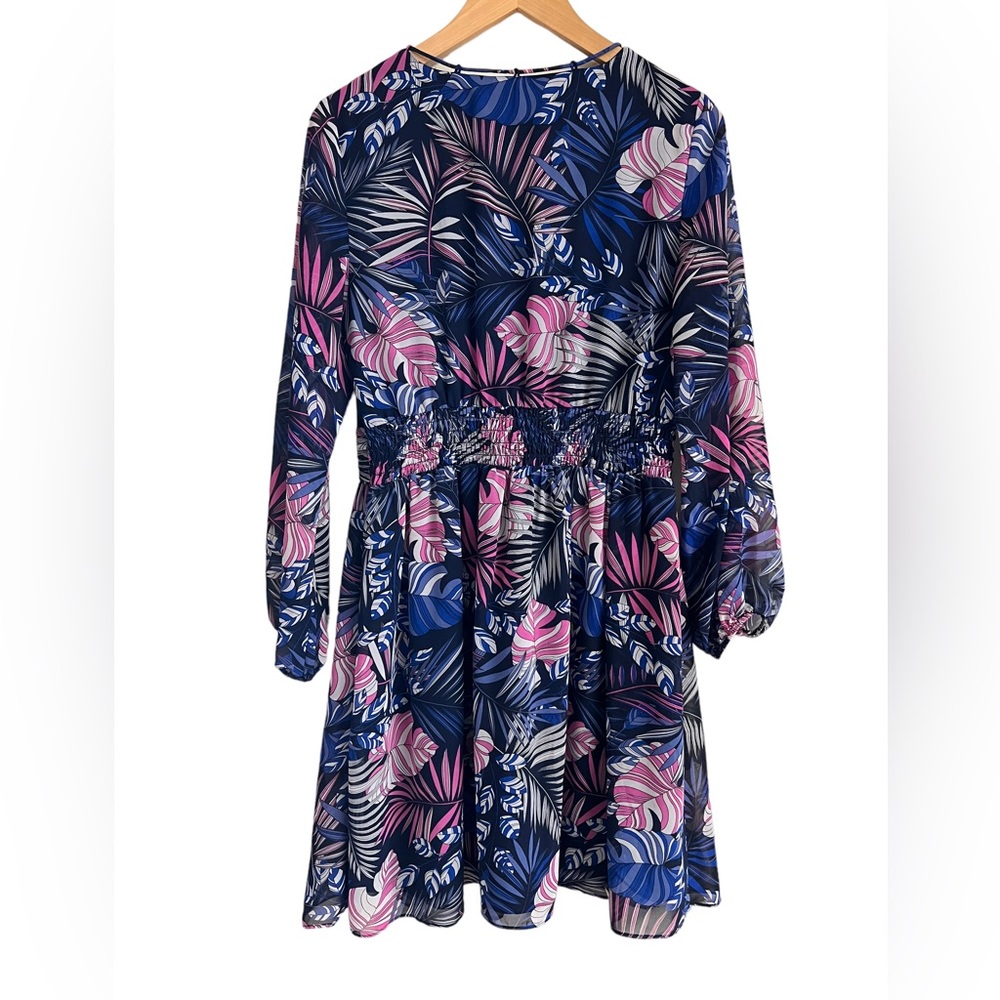 SAM EDELMAN Size 8 Tropical Flowy Lined Mini Dress Resort Wear Long Sheer Sleeve - Picture 3 of 13